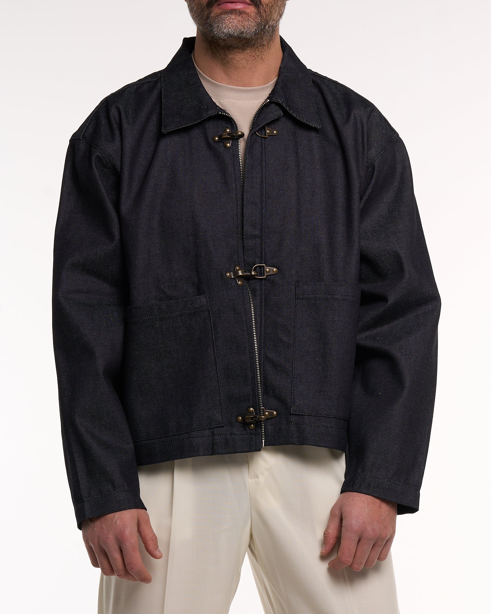 Giacca Cropped con Moschettoni in Denim Scuro