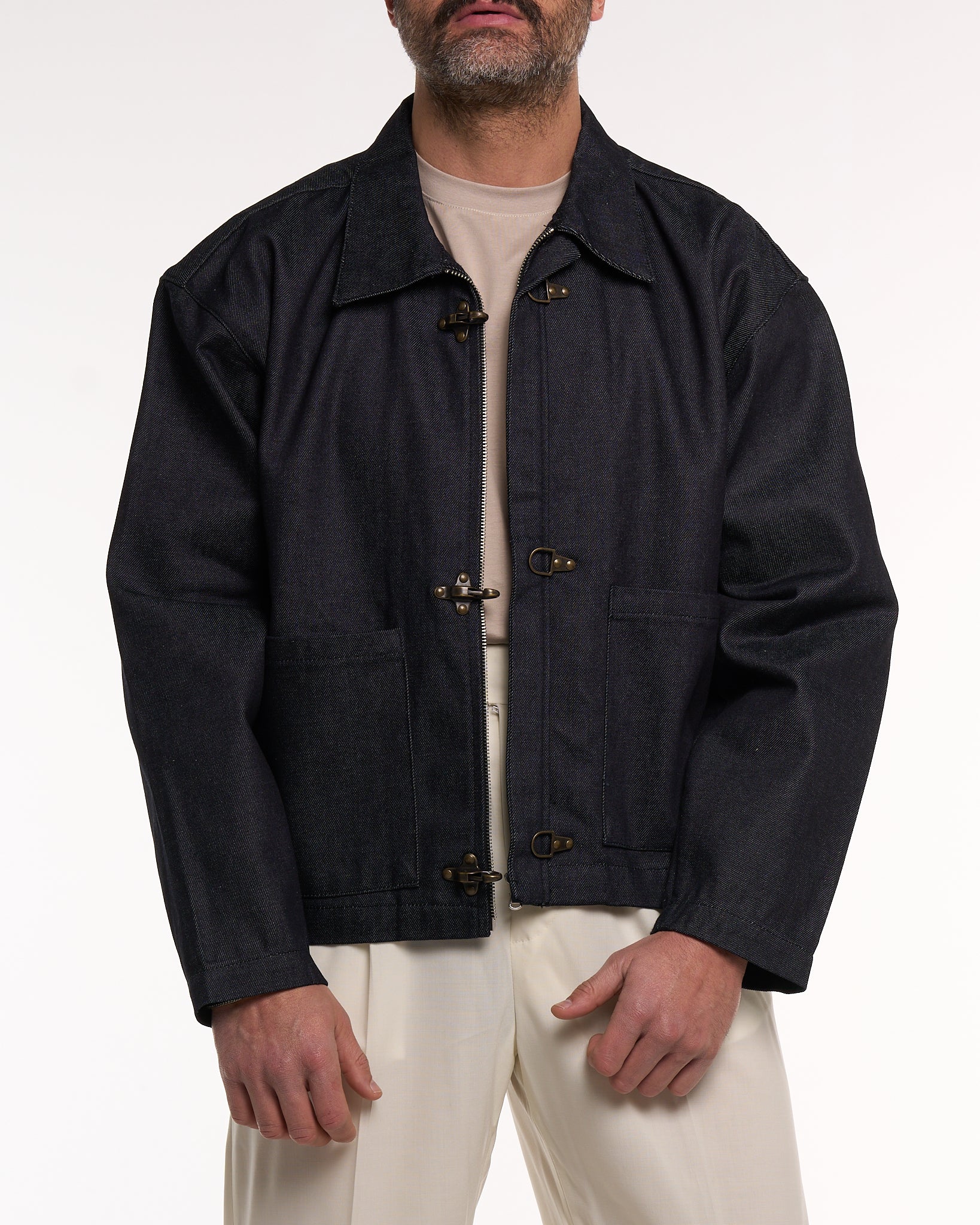 Giacca Cropped con Moschettoni in Denim Scuro