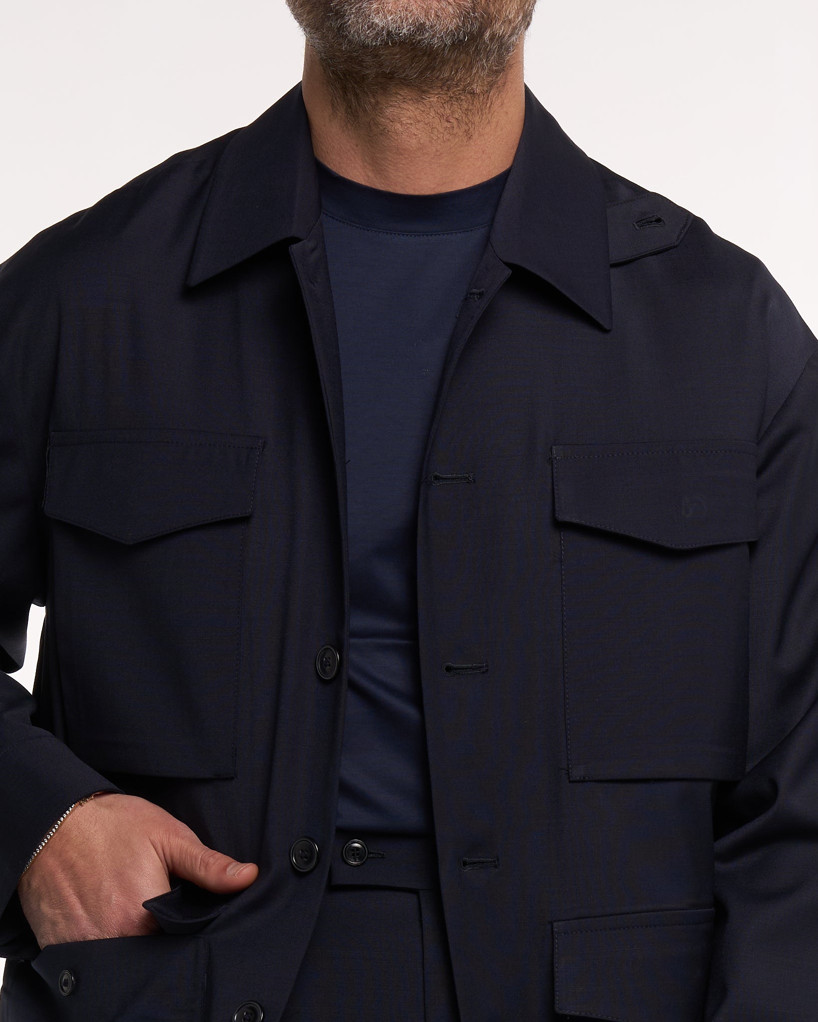 Giacca Safari con Tasconi in Fresco Lana Blu Napoli