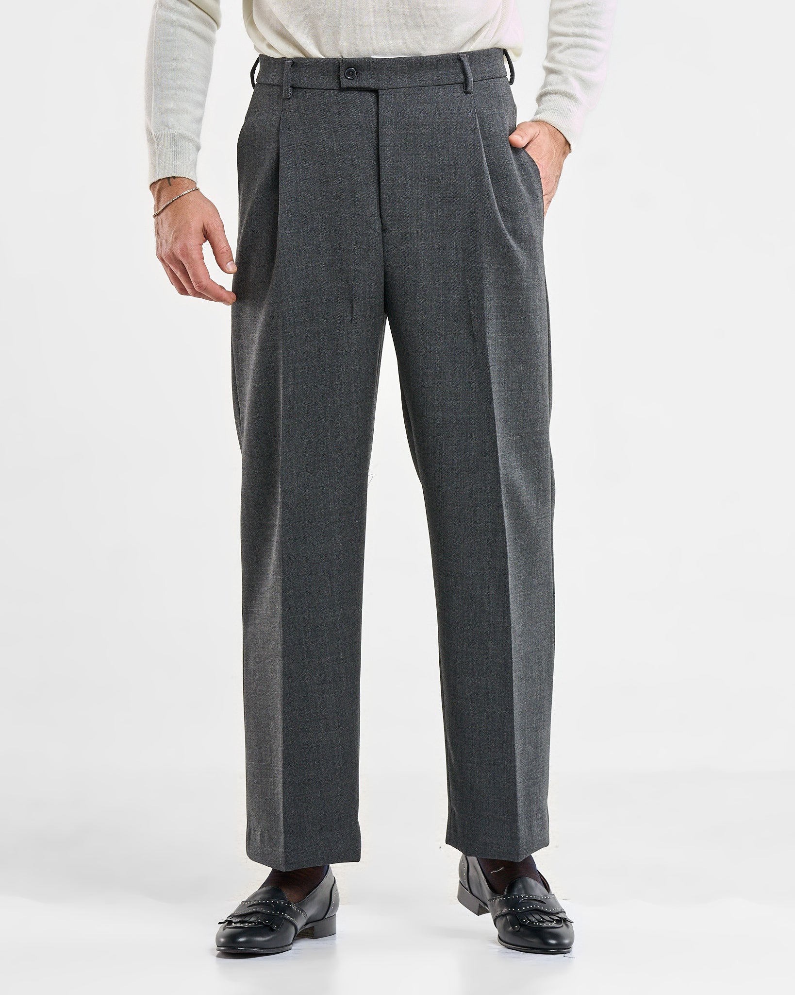 Pantalone Fondo Ampio Senza Piega Diagonale Grigio