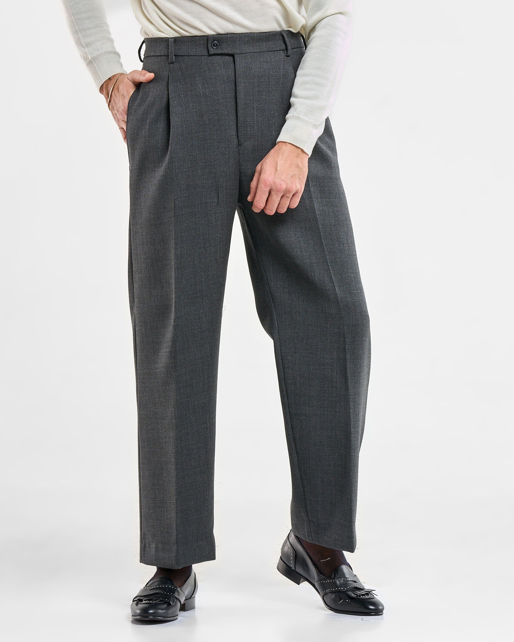 Pantalone Fondo Ampio Senza Piega Diagonale Grigio