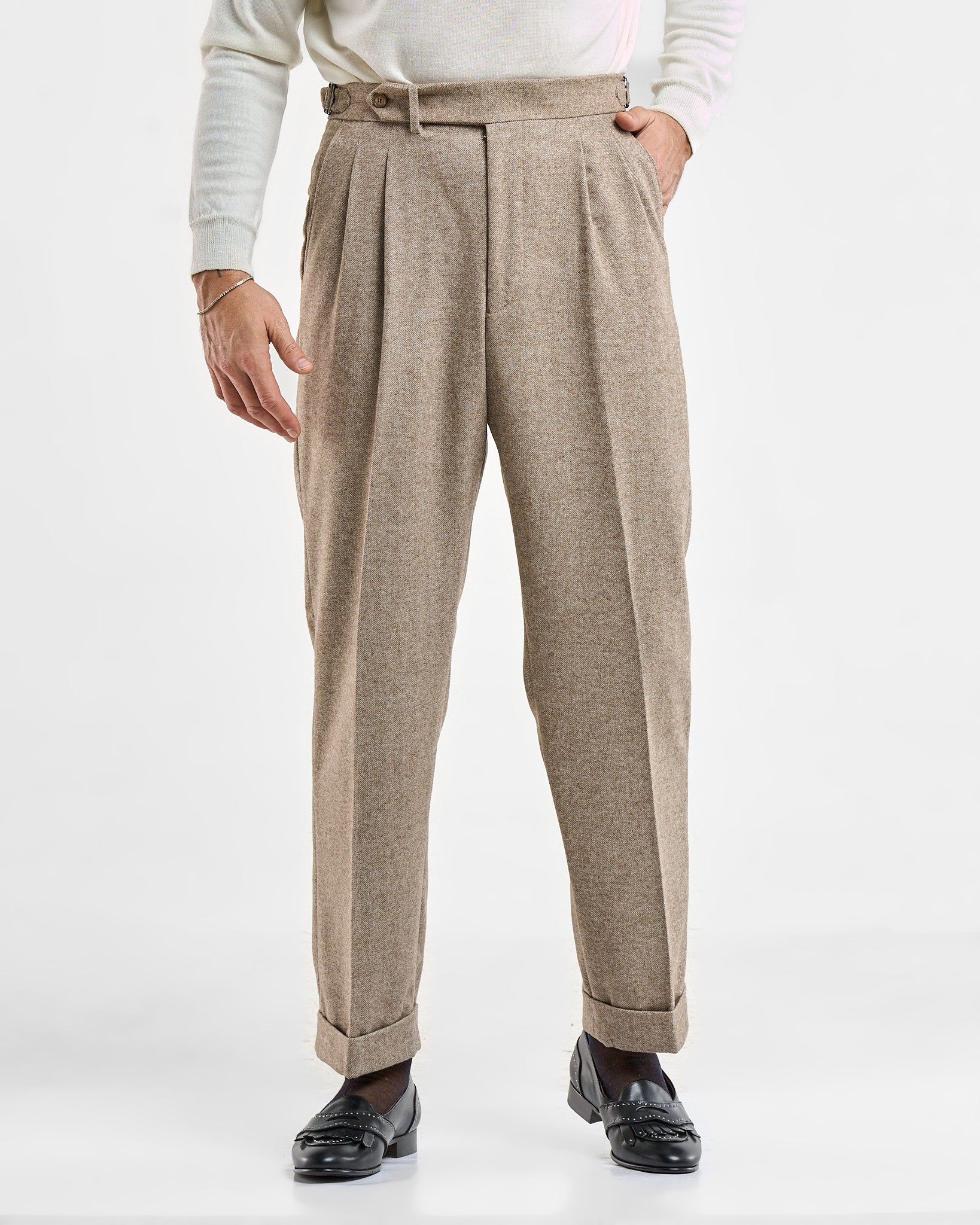 Pantalone Fondo Ampio e Fibbie Laterali in Flanella Spigata Beige St. Moritz