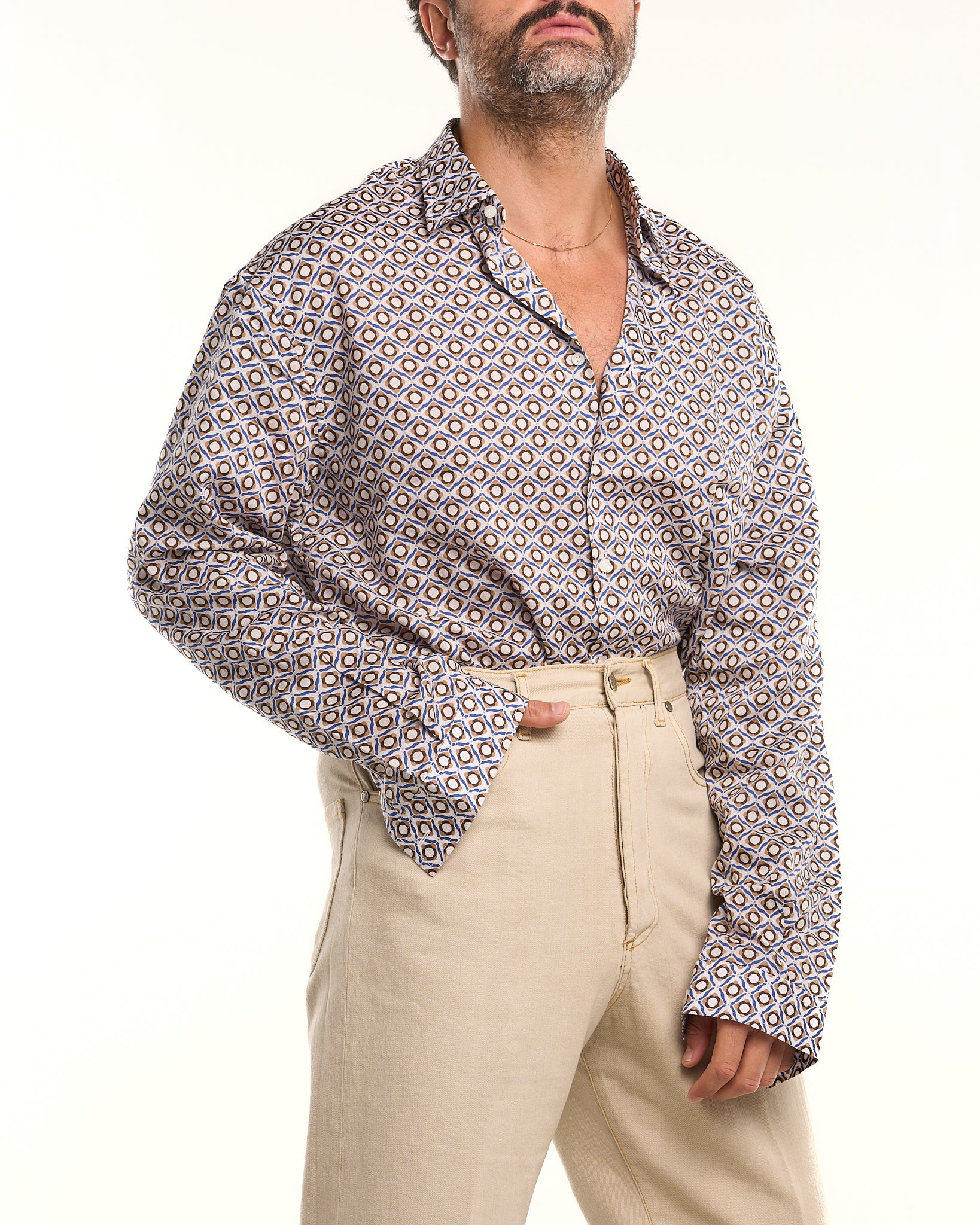Camicia Oversize in Mussola di Cotone a Fantasia Rombo Beige