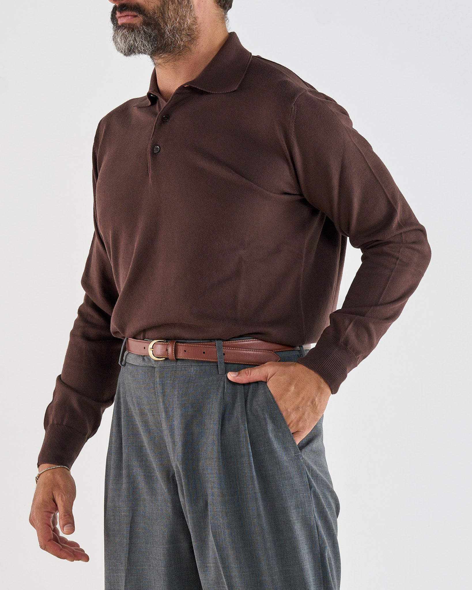 Polo Manica Lunga Tre Bottoni Moro