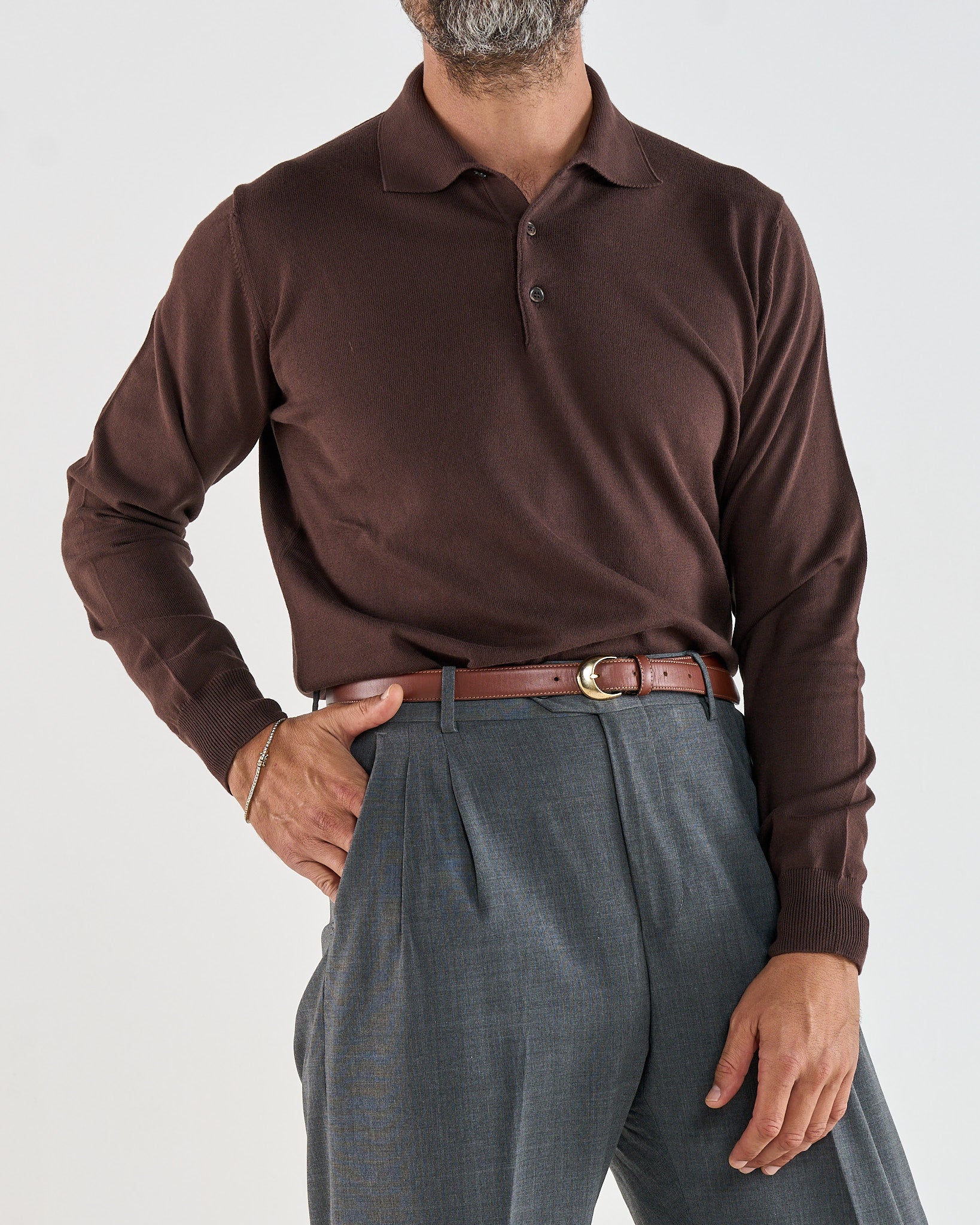 Polo Manica Lunga Tre Bottoni Moro