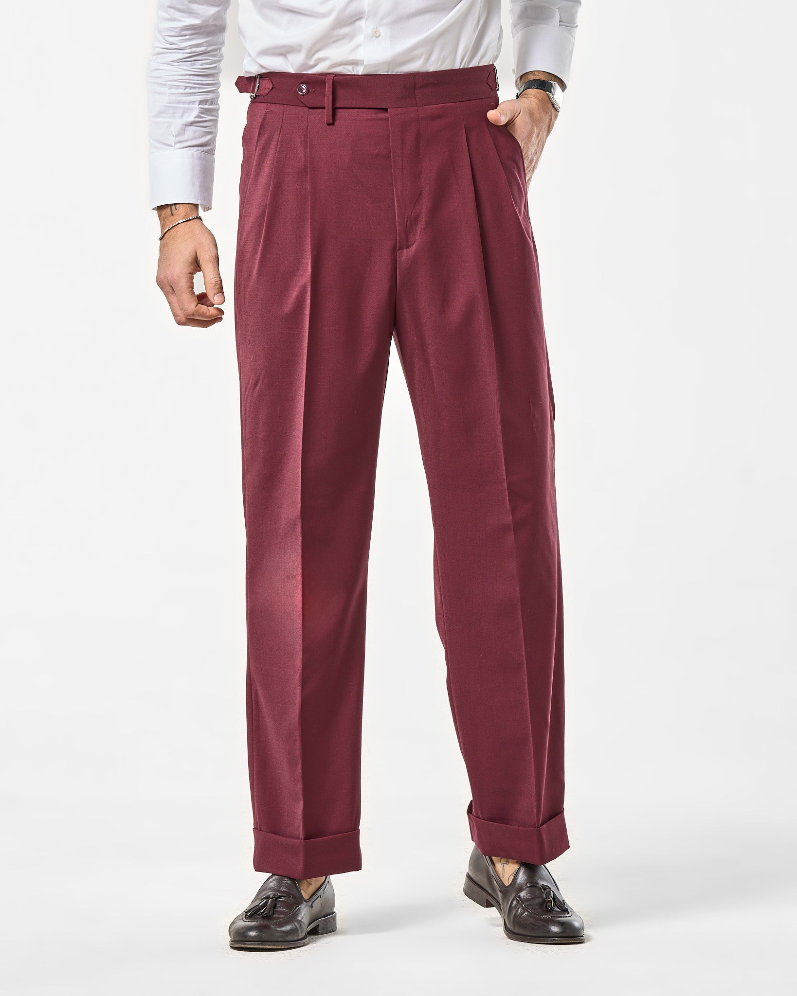 Pantalone Fondo Ampio e Fibbie Laterali Bordò Firenze