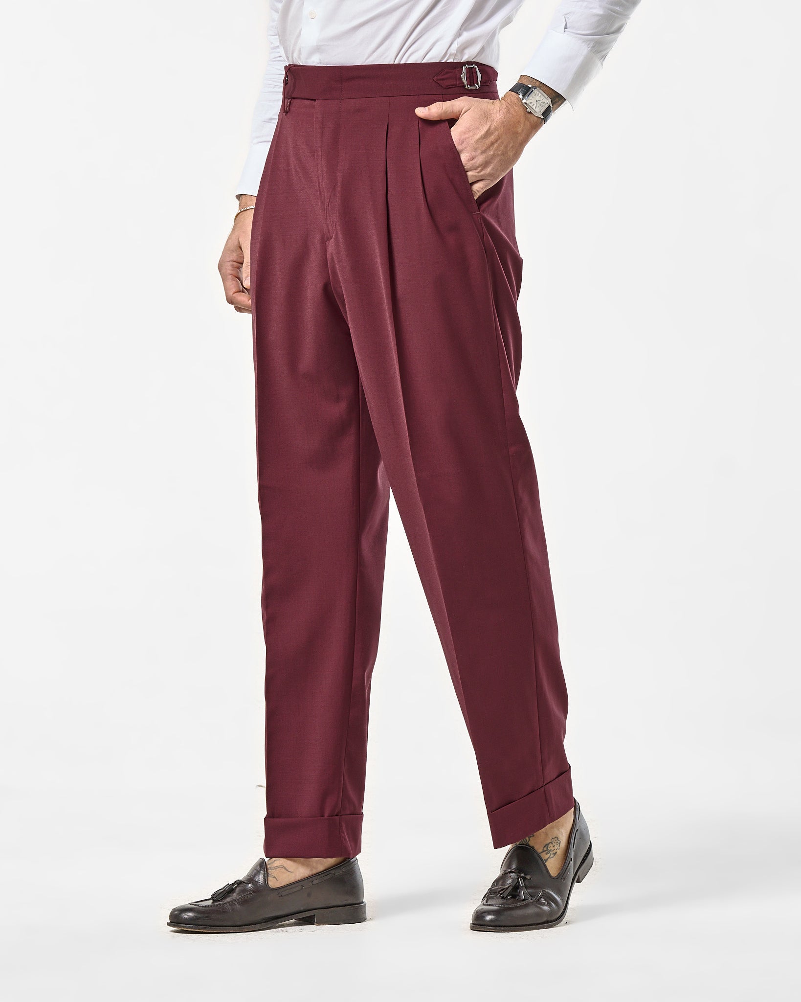 Pantalone Fondo Ampio e Fibbie Laterali Bordò Firenze