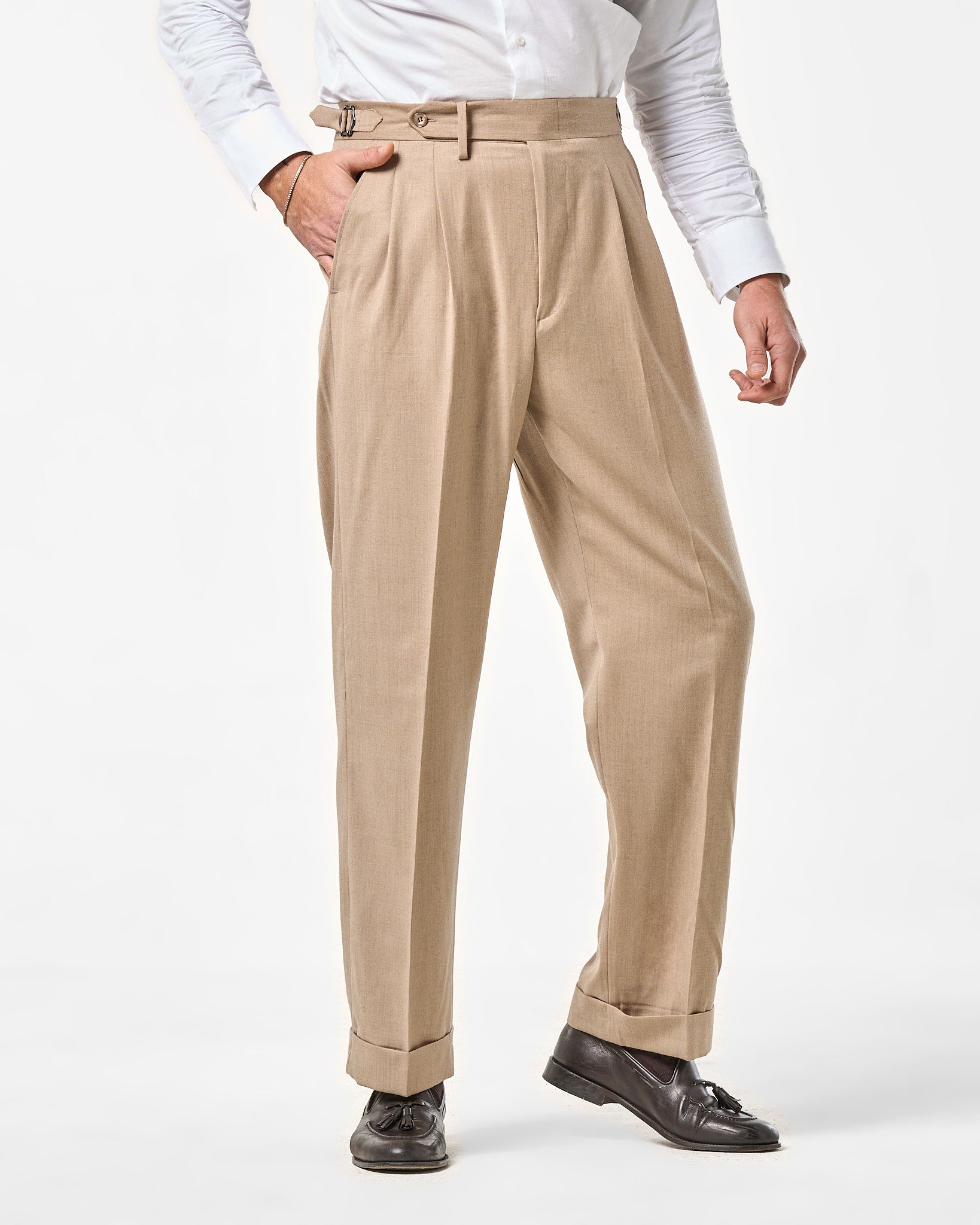 Pantalone Fondo Ampio e Fibbie Laterali in Lana Foulè Beige