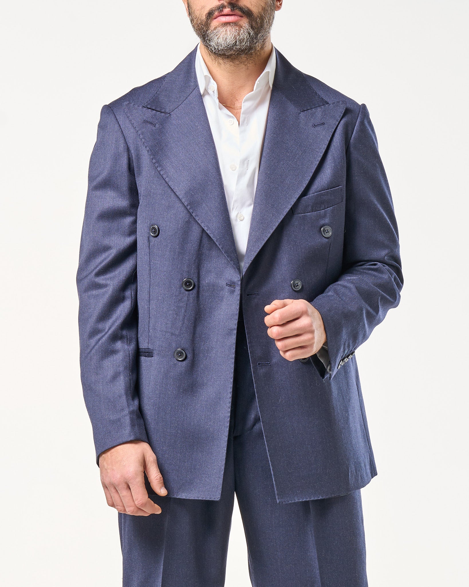 Giacca Doppiopetto in Lana Foulè con Abbottonatura Centrale e Rever a Lancia Blu