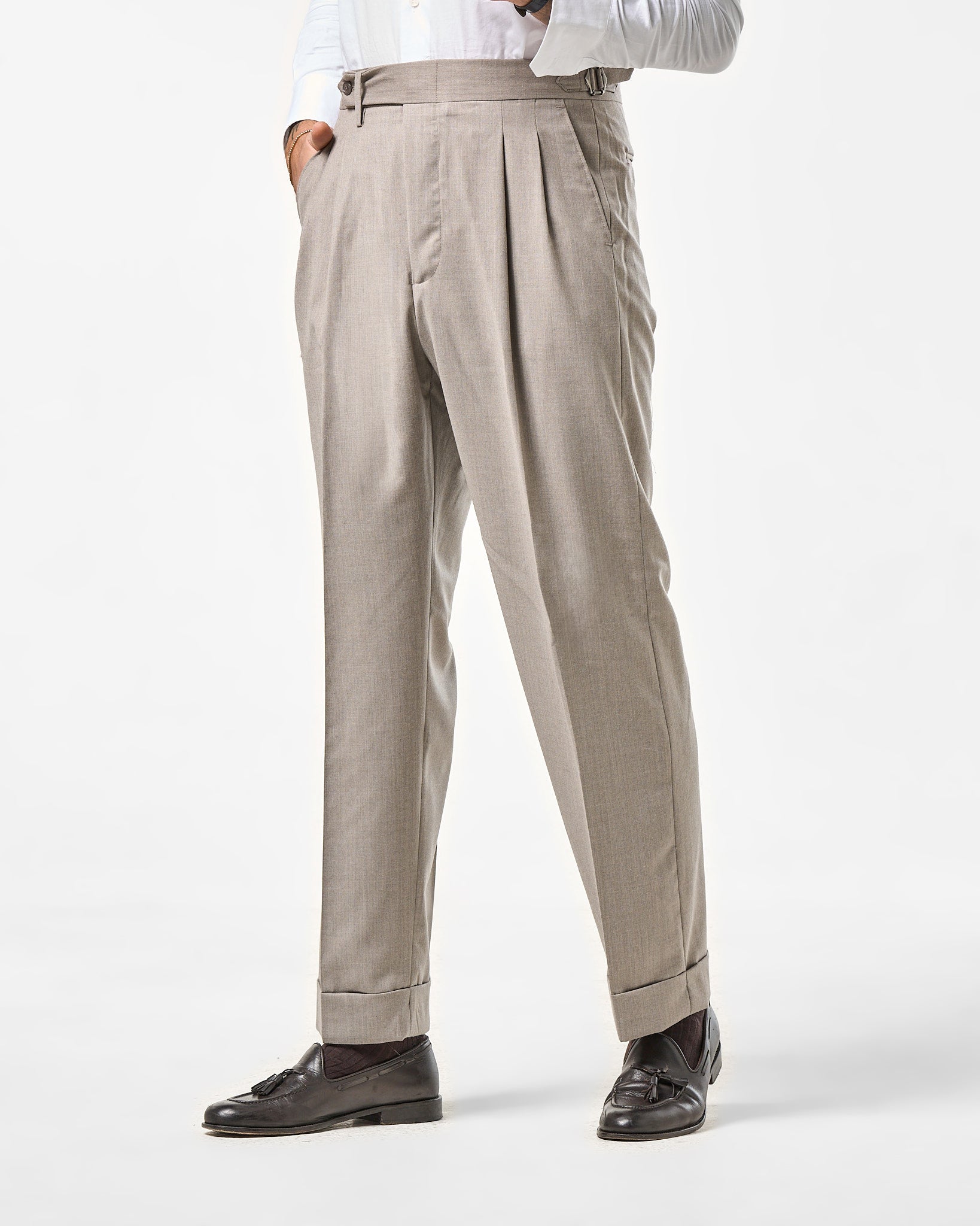 Pantalone Fondo Ampio e Fibbie Laterali in Lana Sabbia Foulè Norcia