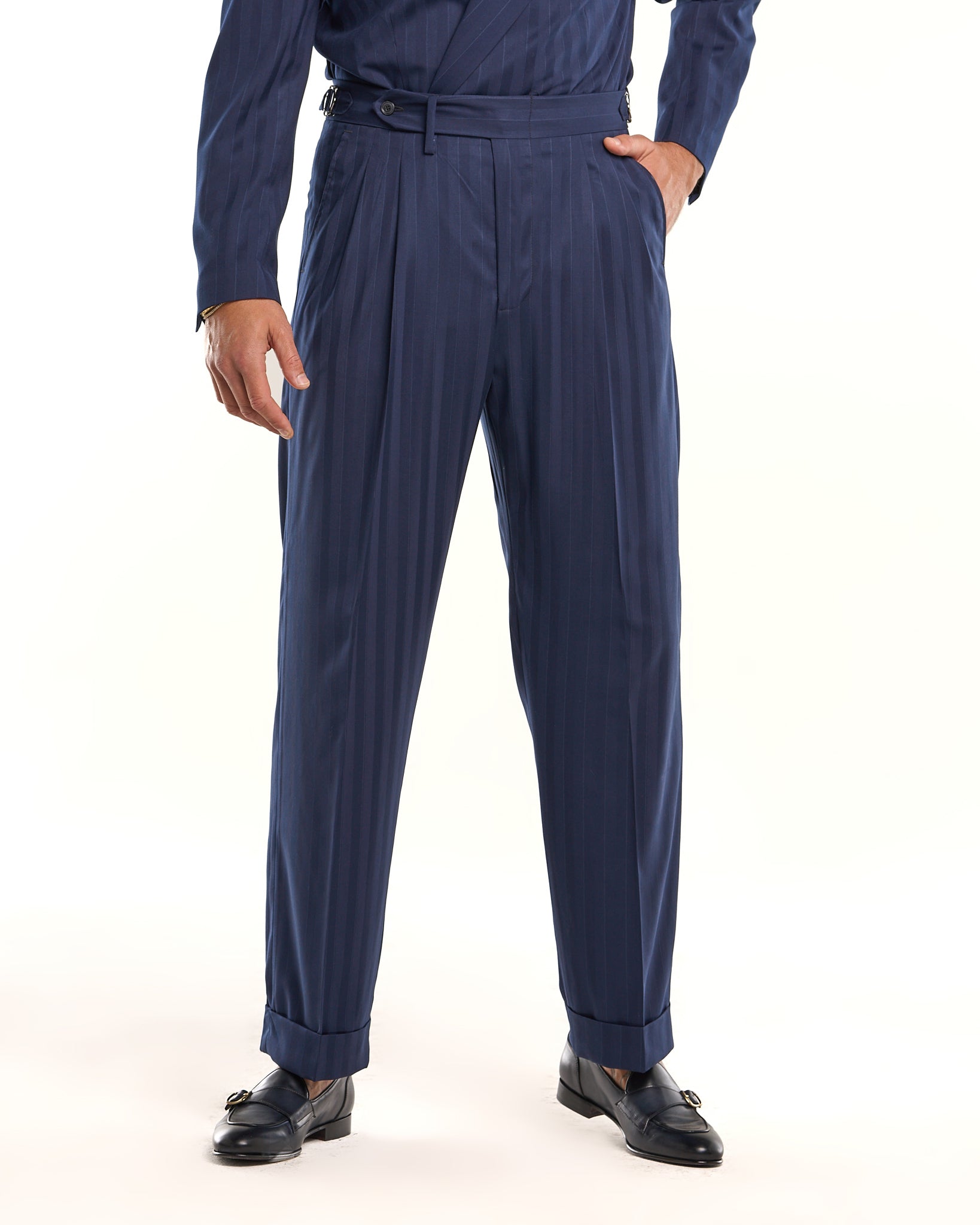 Solaro Wide Leg Trousers with Side Buckles and Wide Stripe in Black Osaka