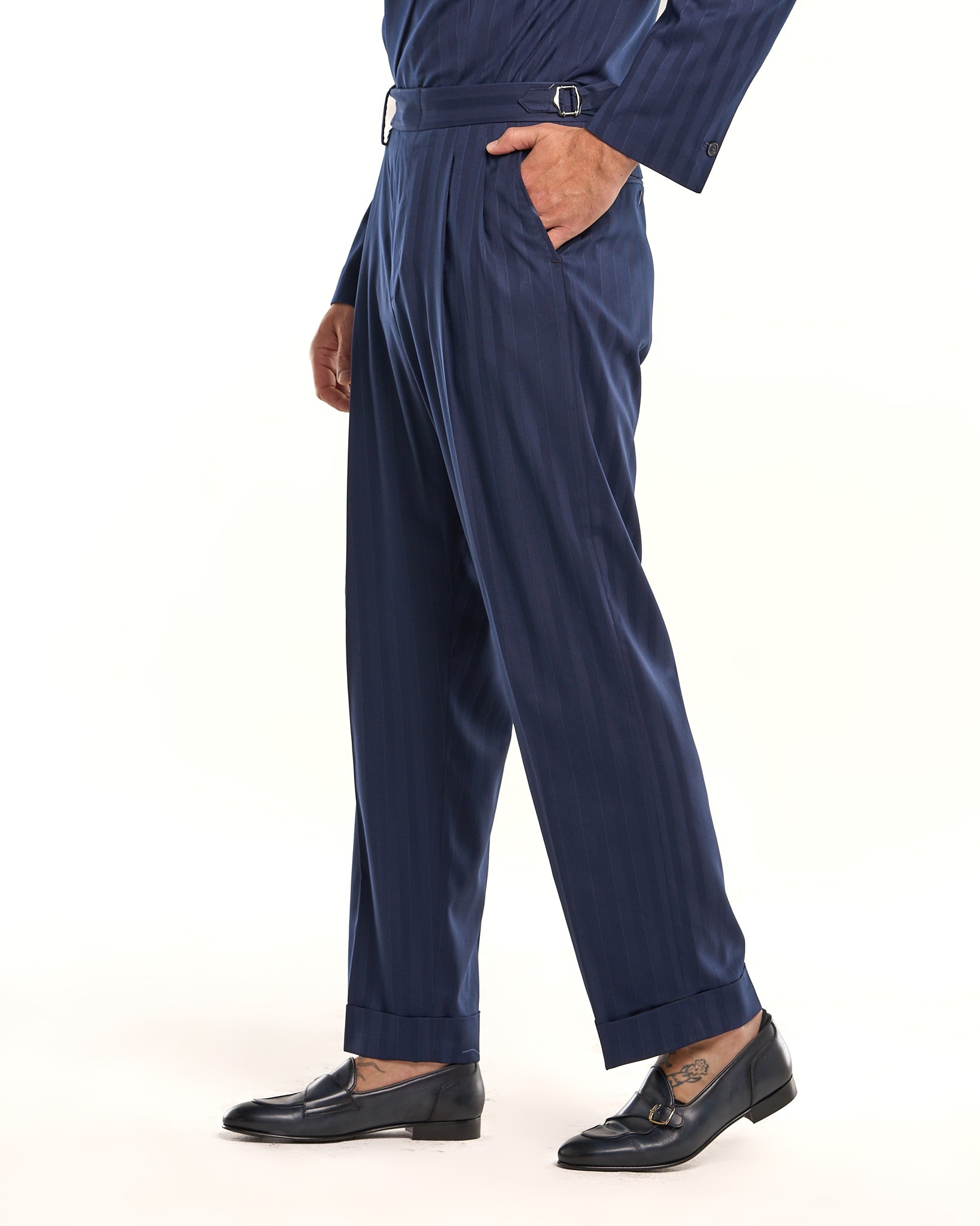 Solaro Wide Leg Trousers with Side Buckles and Wide Stripe in Black Osaka