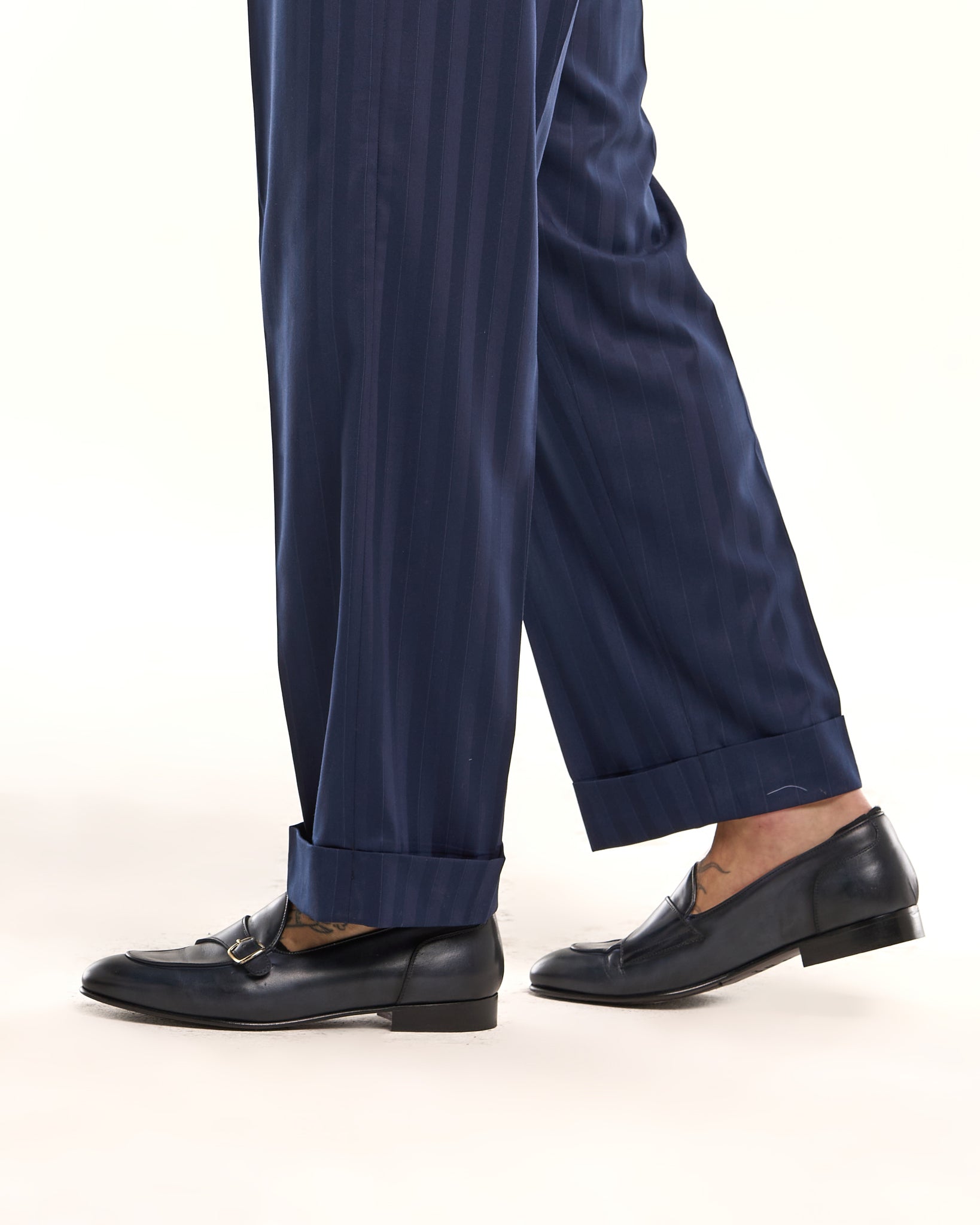 Solaro Wide Leg Trousers with Side Buckles and Wide Stripe in Black Osaka