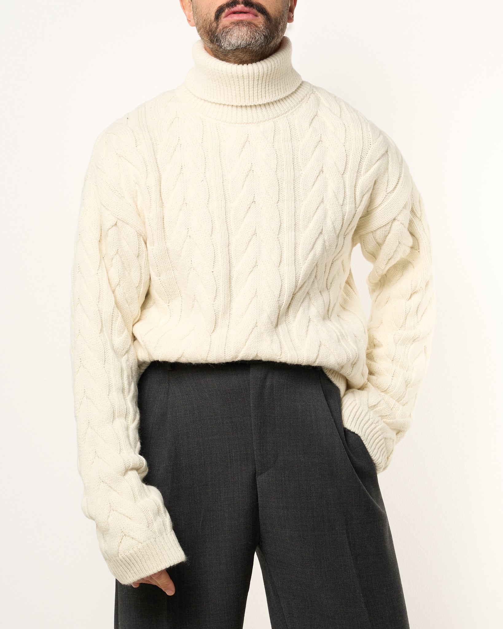 Maglione Treccia Collo Alto Panna