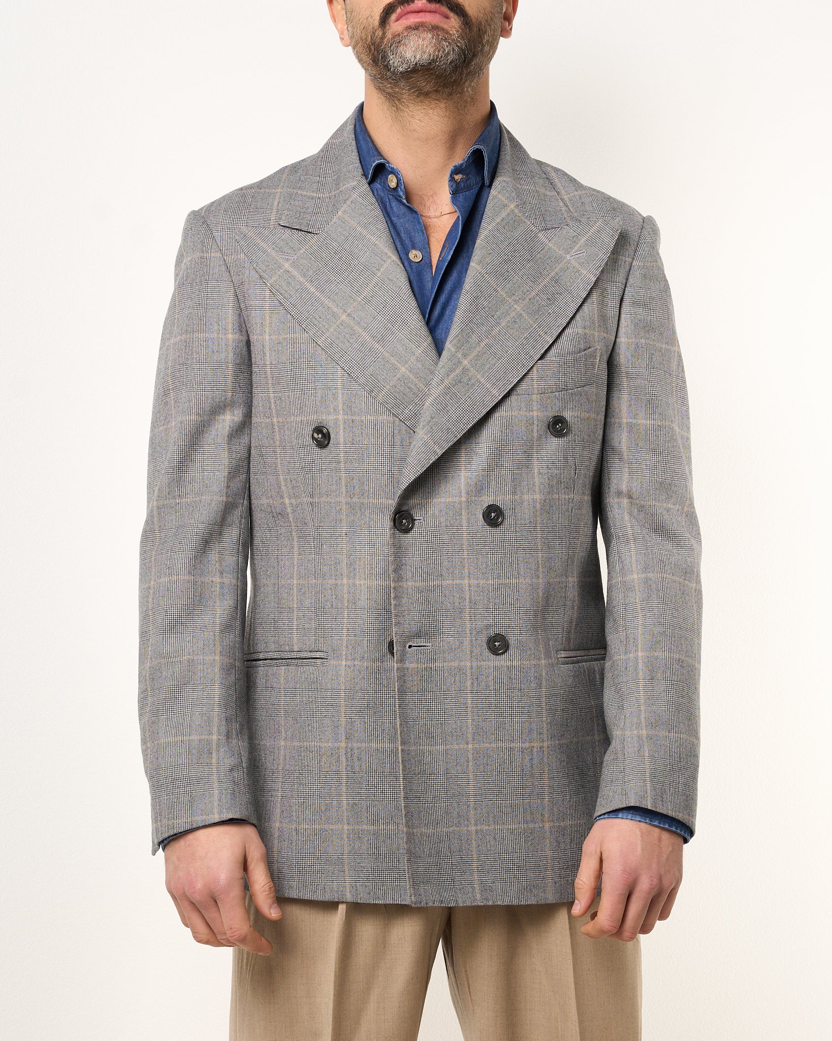 Giacca Doppiopetto Abbottonatura Centrale con Rever a Lancia Principe di Galles Grigio Chiaro