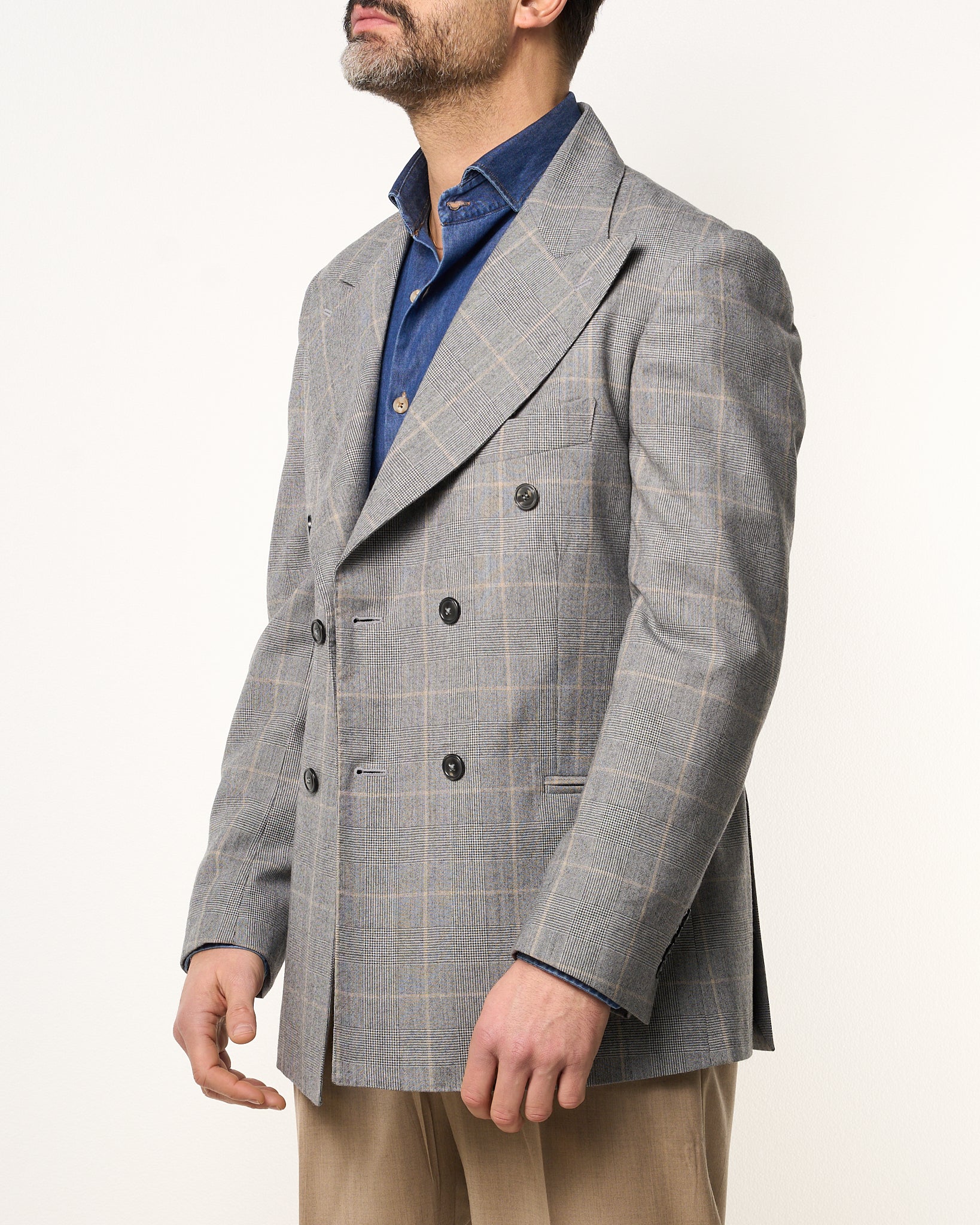 Giacca Doppiopetto Abbottonatura Centrale con Rever a Lancia Principe di Galles Grigio Chiaro