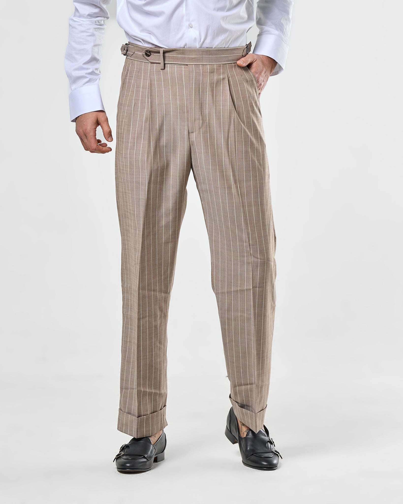 Pantalone Fondo Ampio e Fibbie Laterali Gessato Beige Porto Rotondo