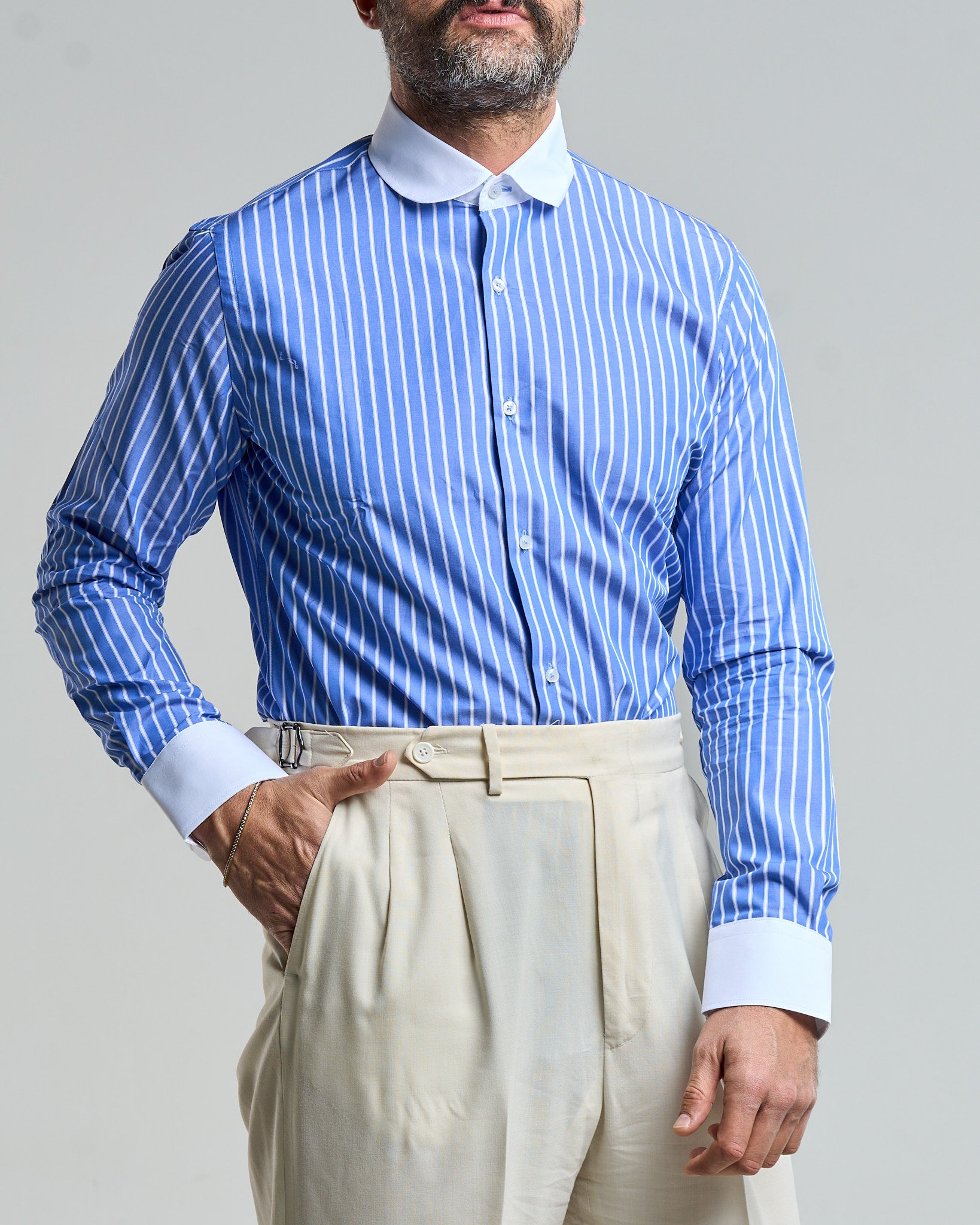 Blue and White Stripe Contrast Collar Shirt