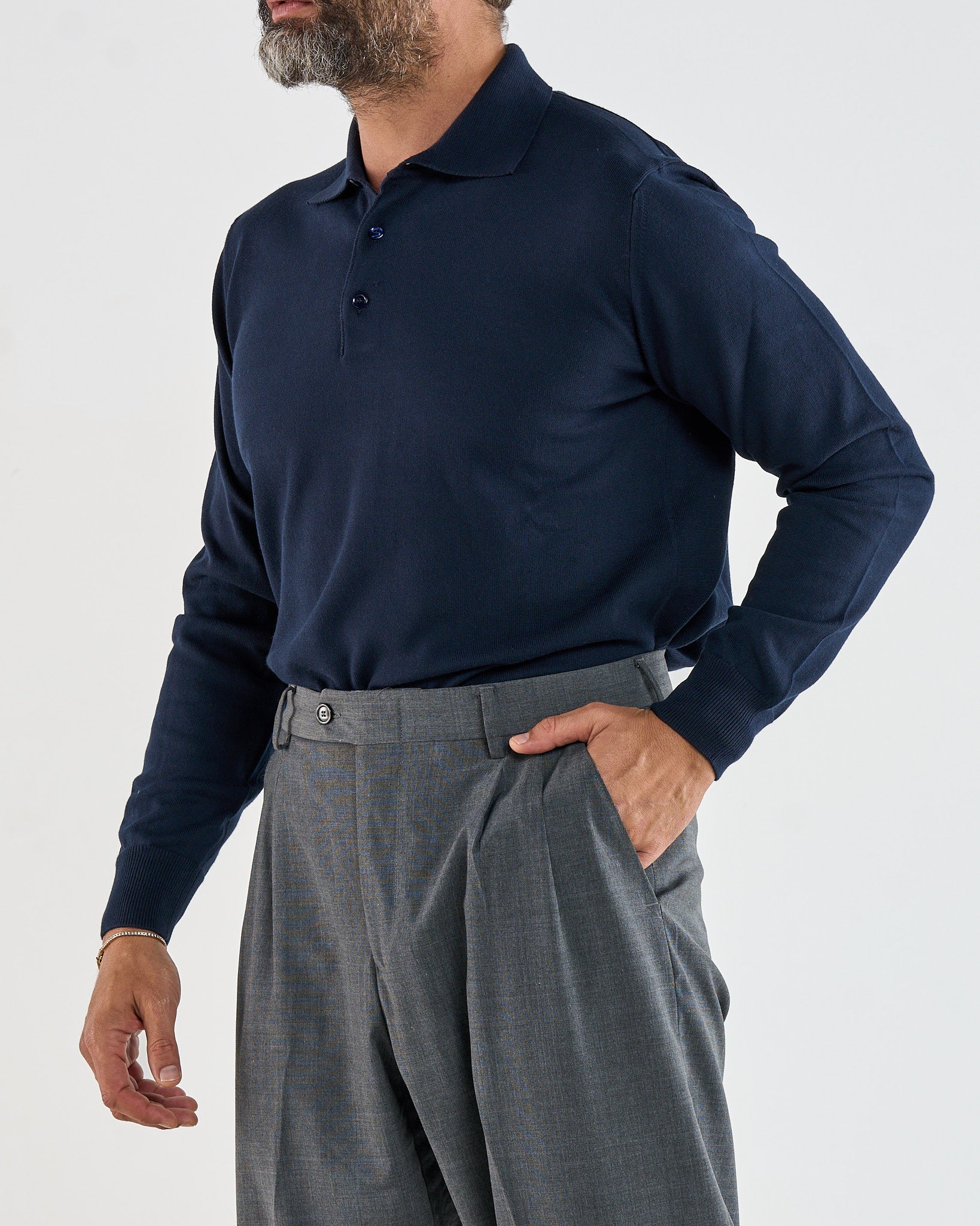 Polo Manica Lunga Tre Bottoni Blu