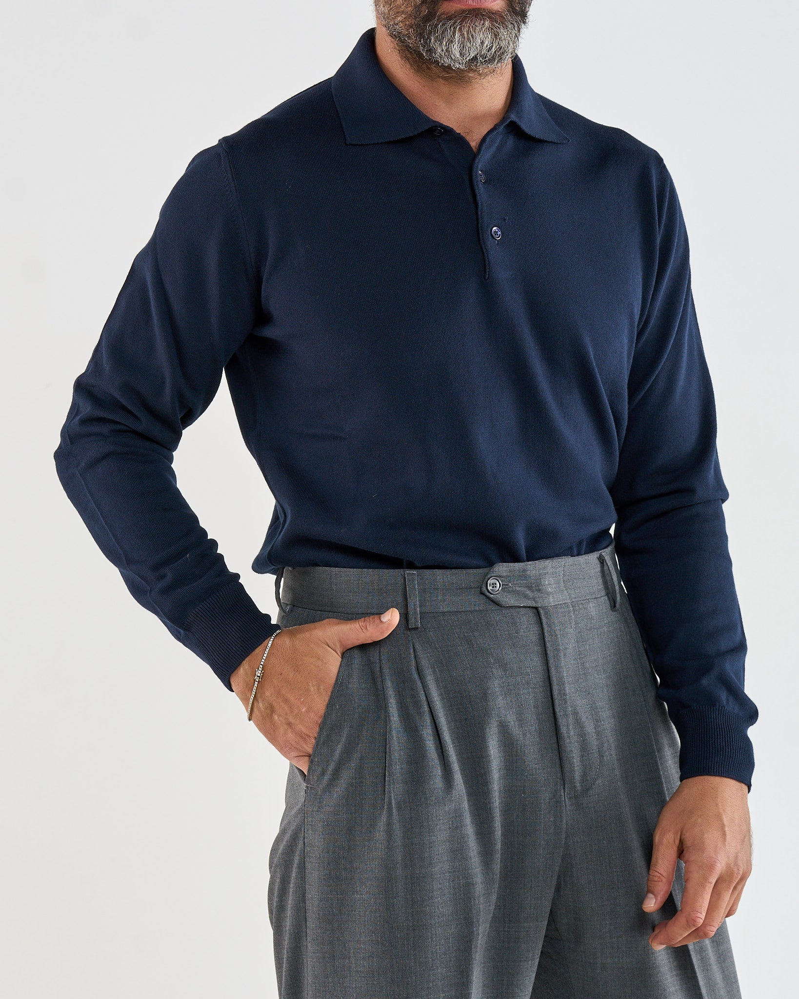 Polo Manica Lunga Tre Bottoni Blu